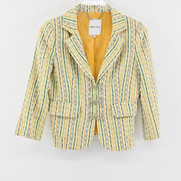 WALTER Womens Tweed Blazer Size 4 Cotton Frog Toggle Hook Single Breasted Jacket - Picture 1 of 13